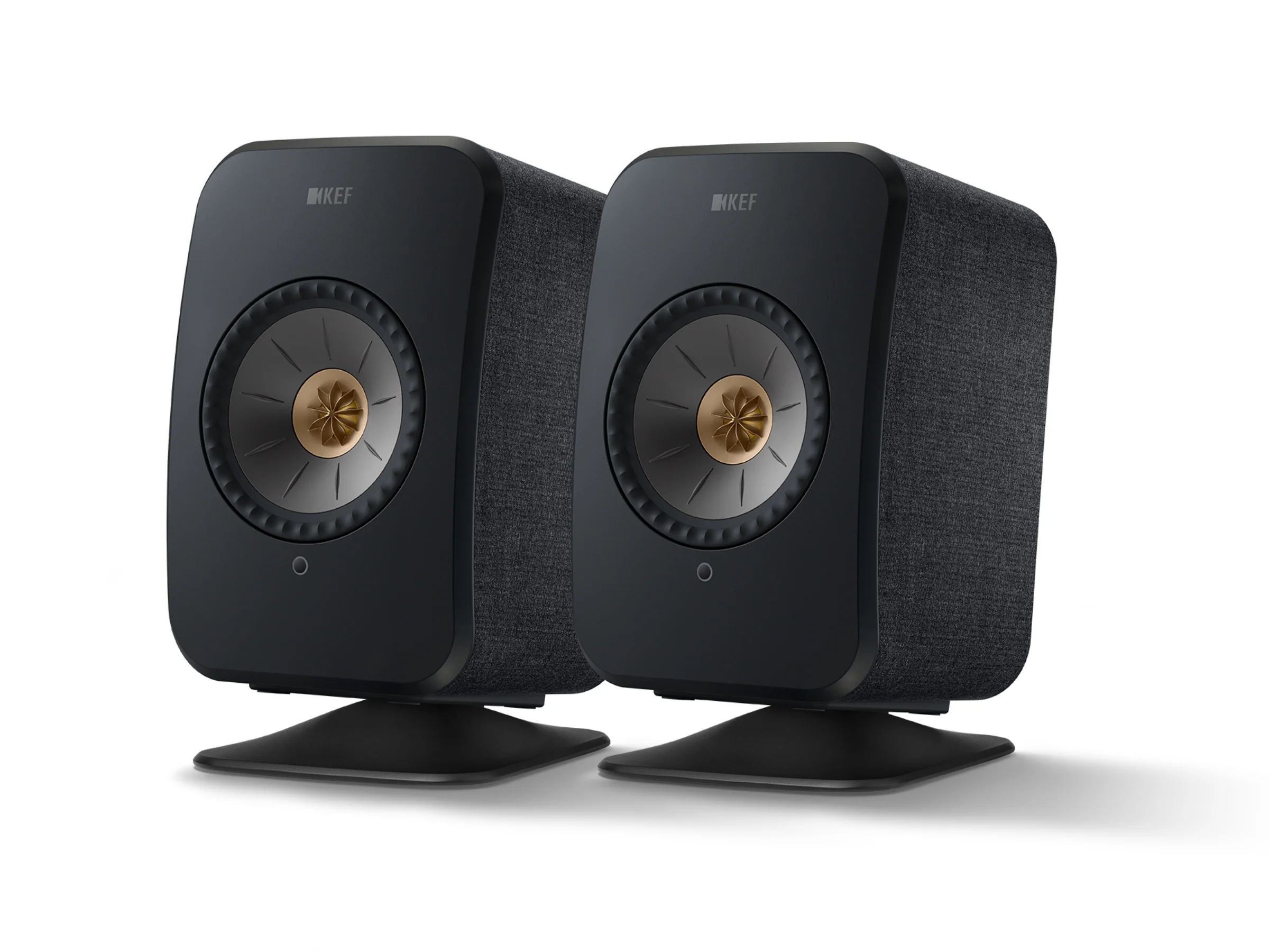 KEF LSX II Wireless Speakers with KEF P1 Desk Pads
